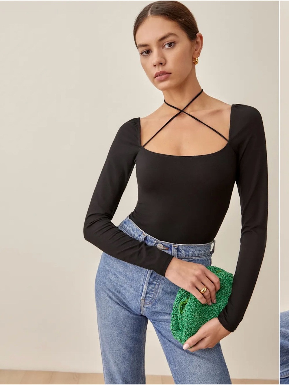 XS/S Reformation Black Square Neck Long-Sleeve Top with Crisscross Straps